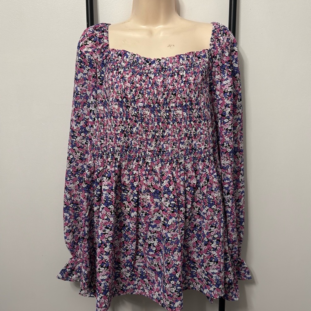 Chic Soul Floral Smocked Top 2X Pink Purple Long Sleeve Blouse